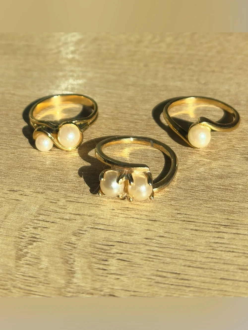 Set of 3 Gold Pearl Accent Rings - Women Jewelry